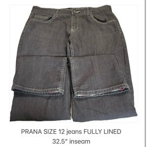 Prana Charcoal Jeans Red plaid full Lining Size 12 Warm Comfy 32.5” inseam